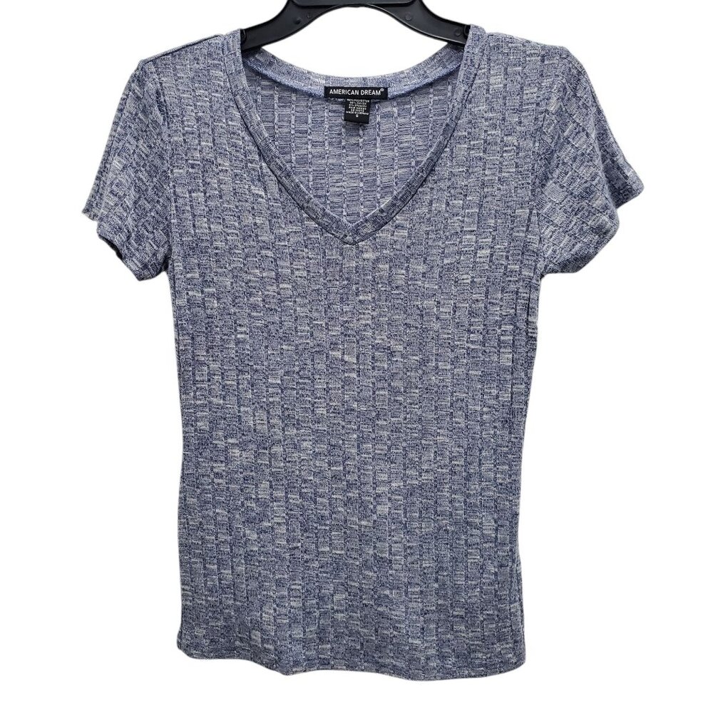 American Dream Women's Blue Lightweight Textured Knit Basic Short Sleeve Top S